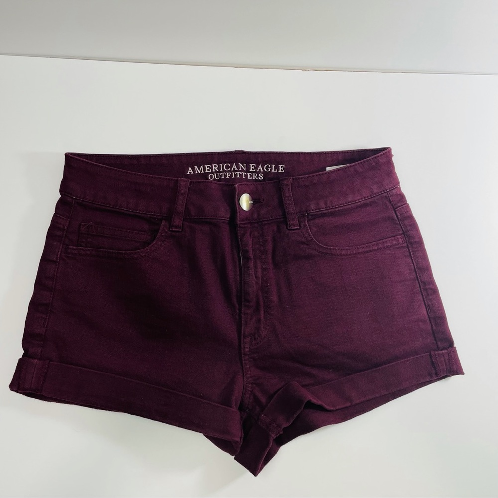 American Eagle Burgundy Super Super Stretch Hi-Rise Shortie Denim shorts sz 8